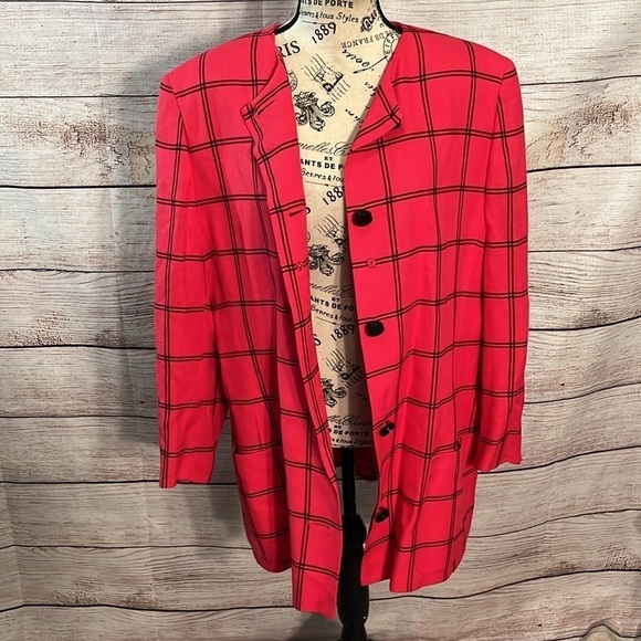 Vintage Jaeger Blazer Red Plaid Size 14 Linen Blend Great Britain Window Pane - Picture 7 of 12